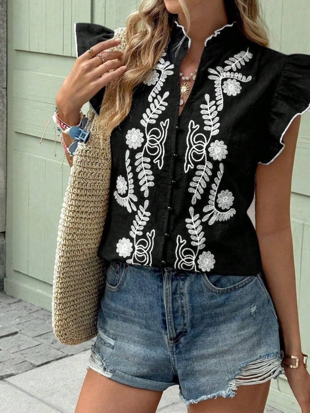 Black Boho Women's Plant Embroidery Single-Breasted Shirt with Flutter Sleeves